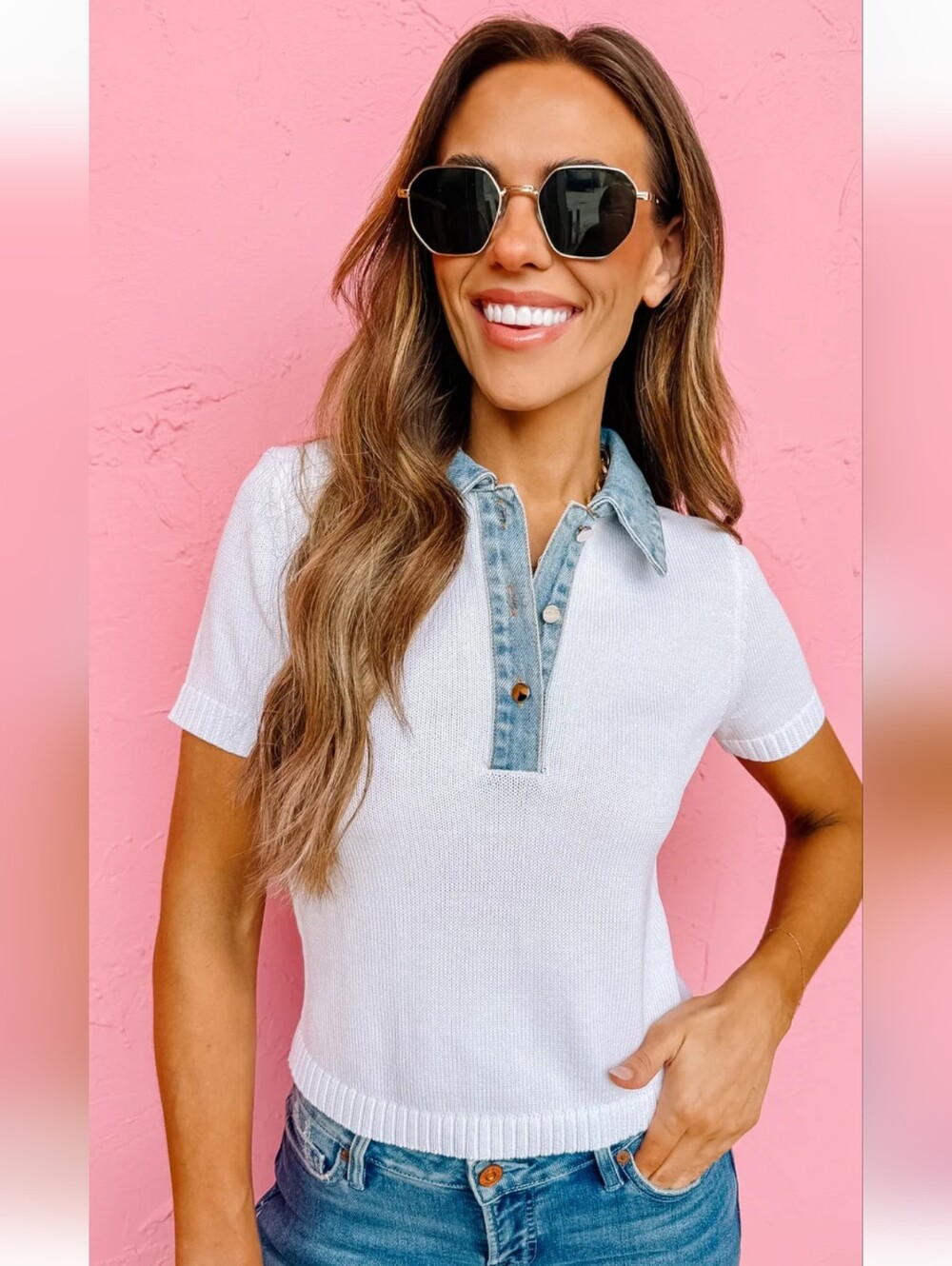 Olivaceous White Polo Top with Denim-Style Collar